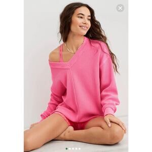 Aerie Oversized Slouchy Barbie Pink V-Neck Ribbed Sweater XS/S 2478